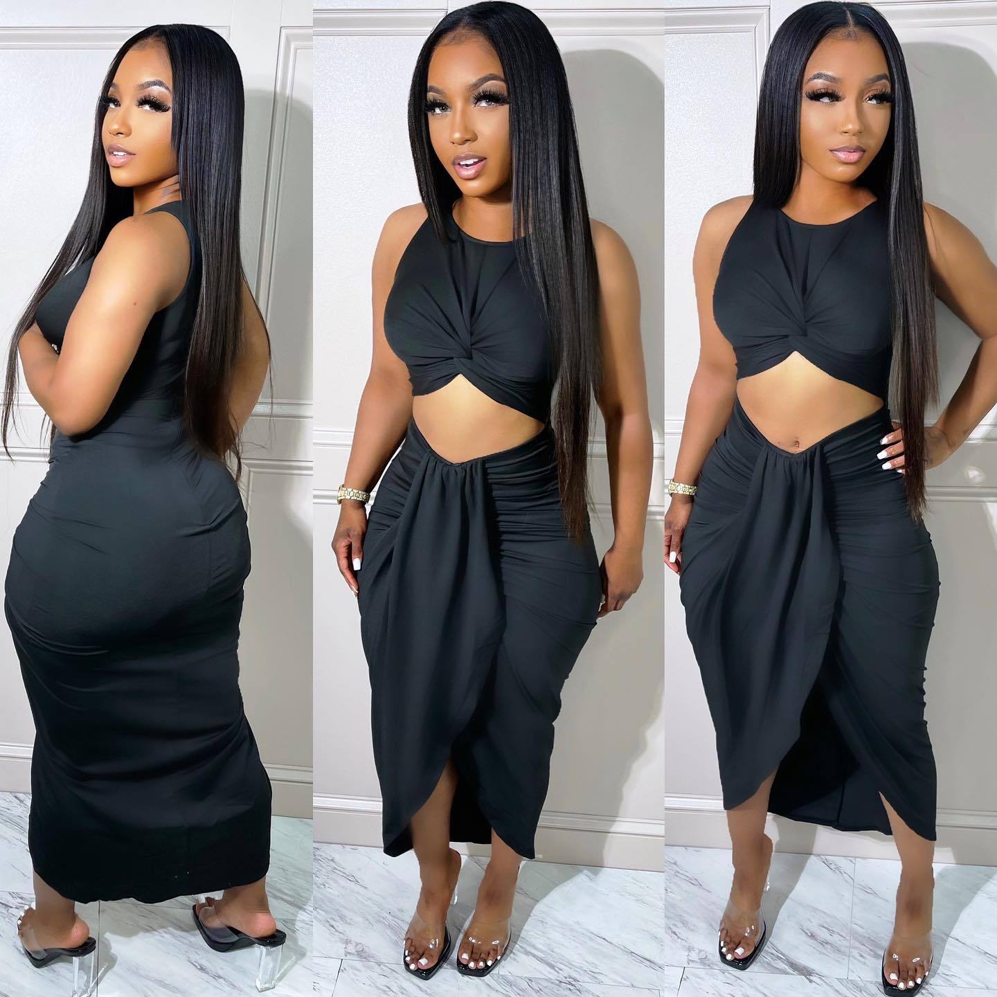 Sexy Solid Sleeveless Hollow Out Midi Dress