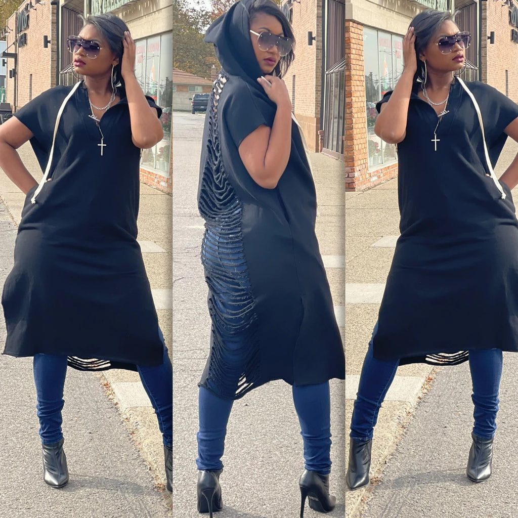 Sexy Solid Hooded Short Sleeve Hole Split Midi Dress