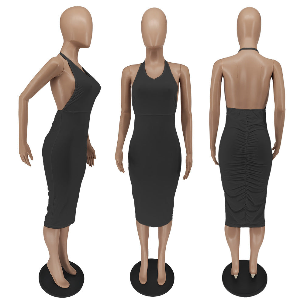 Sexy Solid V Neck Backless Ruched Midi Dress