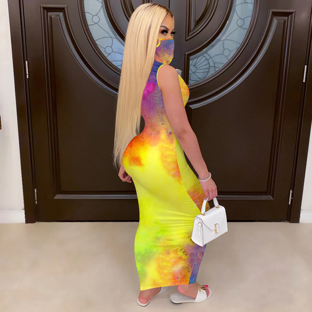 Sexy Tie Dye Print Mask One Piece Sleeveless Maxi Dress