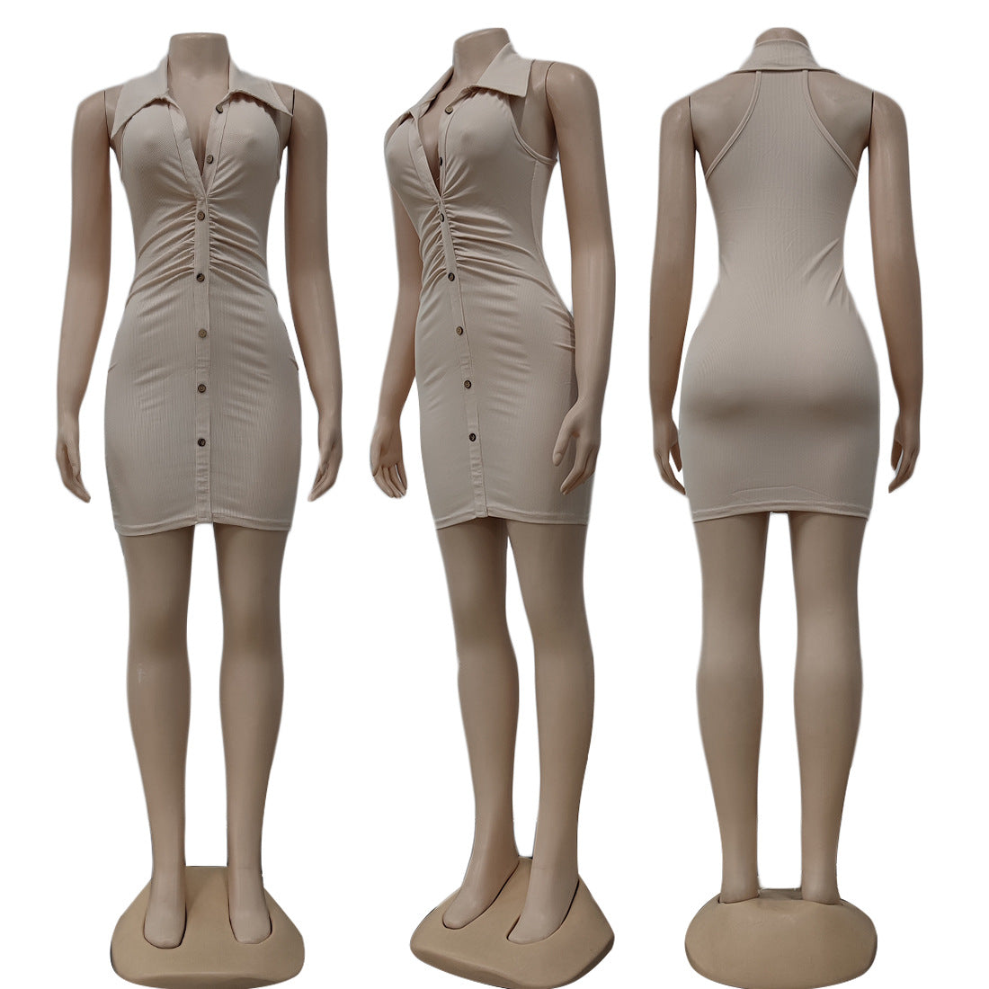 Sexy Solid Sleeveless Turndown Collar Slim Mini Dress
