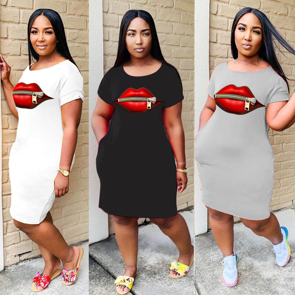 Sexy Lip Print Casual Short Sleeve Dress