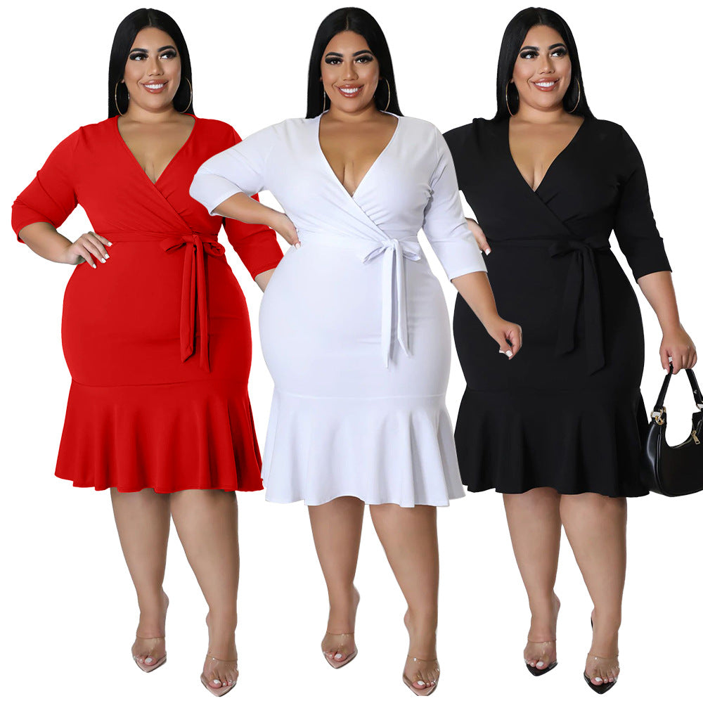 Sexy Plus Size Solid V Neck 3/4 Sleeve Ruffled Bodycon Dress