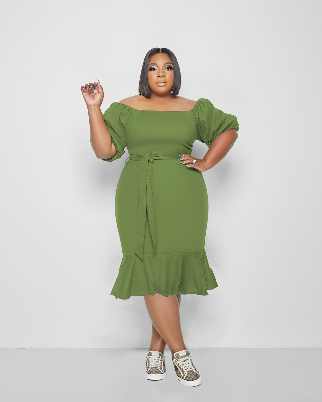 Sexy Plus Size Slash Neck Half Sleeve Rullfed Midi Dress
