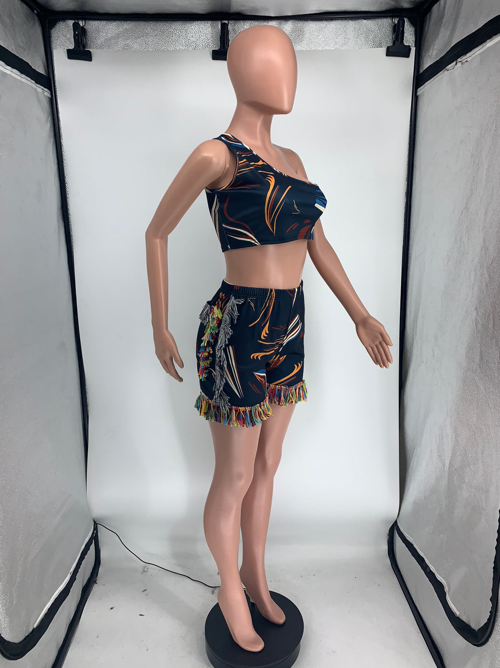 Sexy Sexy Printed One Shoulder Tassel Shorts 2 Piece Sets