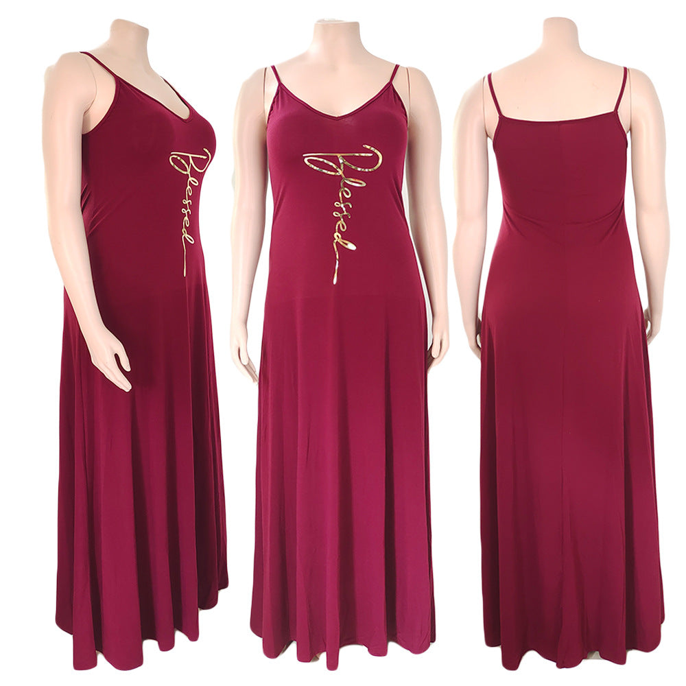 Sexy Plus Size Letter Print Spaghetti Strap Maxi Dress