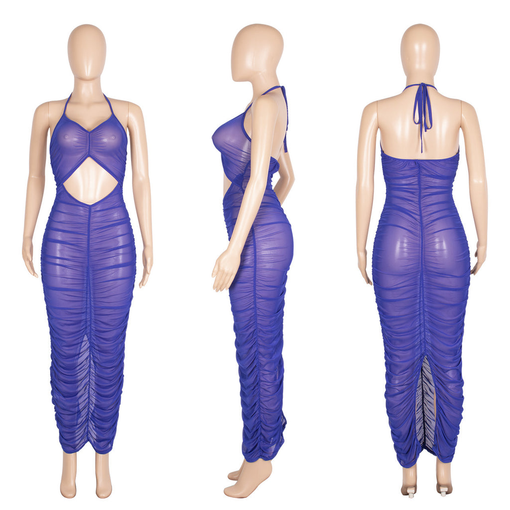 Sexy Sexy Mesh Ruched Halter Maxi Dress
