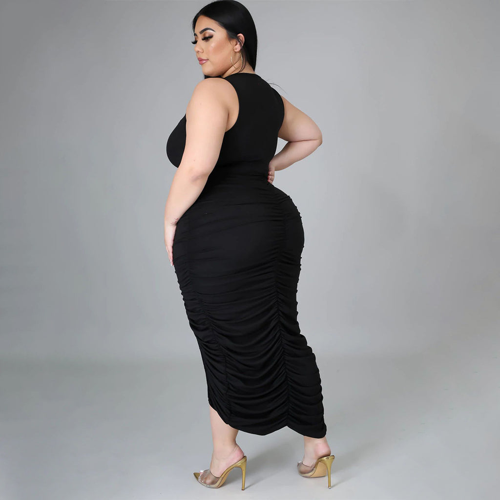 Sexy Plus Size Solid Sleeveless Ruched Split Slim Maxi Dress