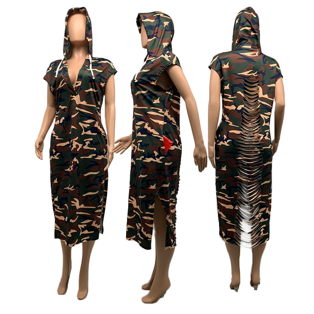 Sexy Solid Hooded Short Sleeve Hole Split Midi Dress