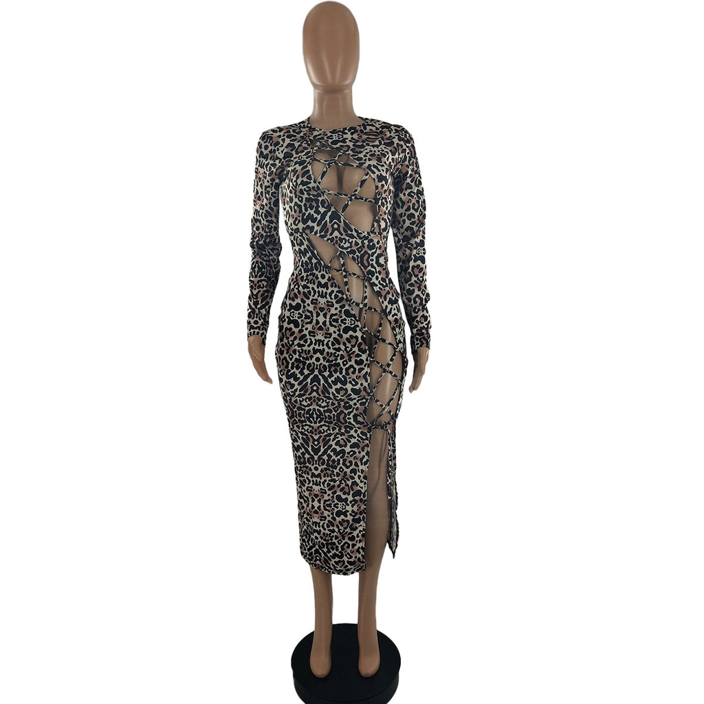 Sexy Sexy Leopard Lace-Up Full Sleeve Long Dress