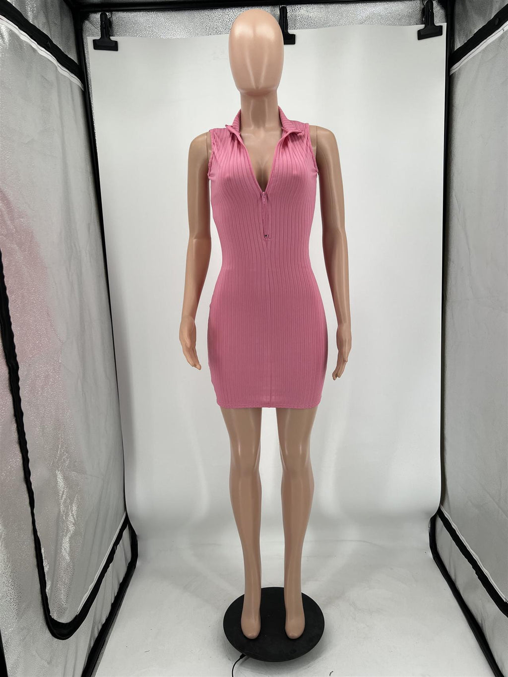 Sexy Solid Ribbed Sleeveless Zipper Slim Mini Dress