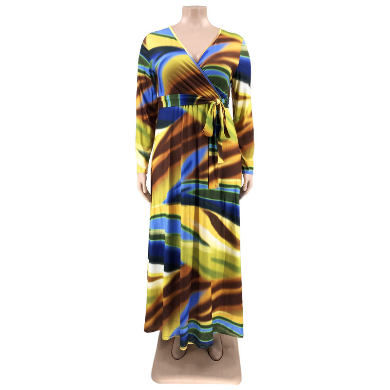 Sexy Plus Size Printed V Neck Long Sleeve Sashes Maxi Dress