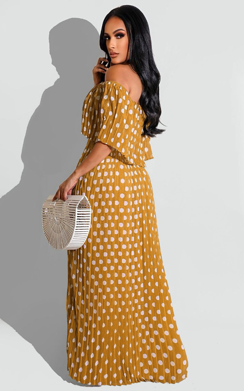 Sexy Chiffon Polka Dot Print Slash Neck Pleated Maxi Dress