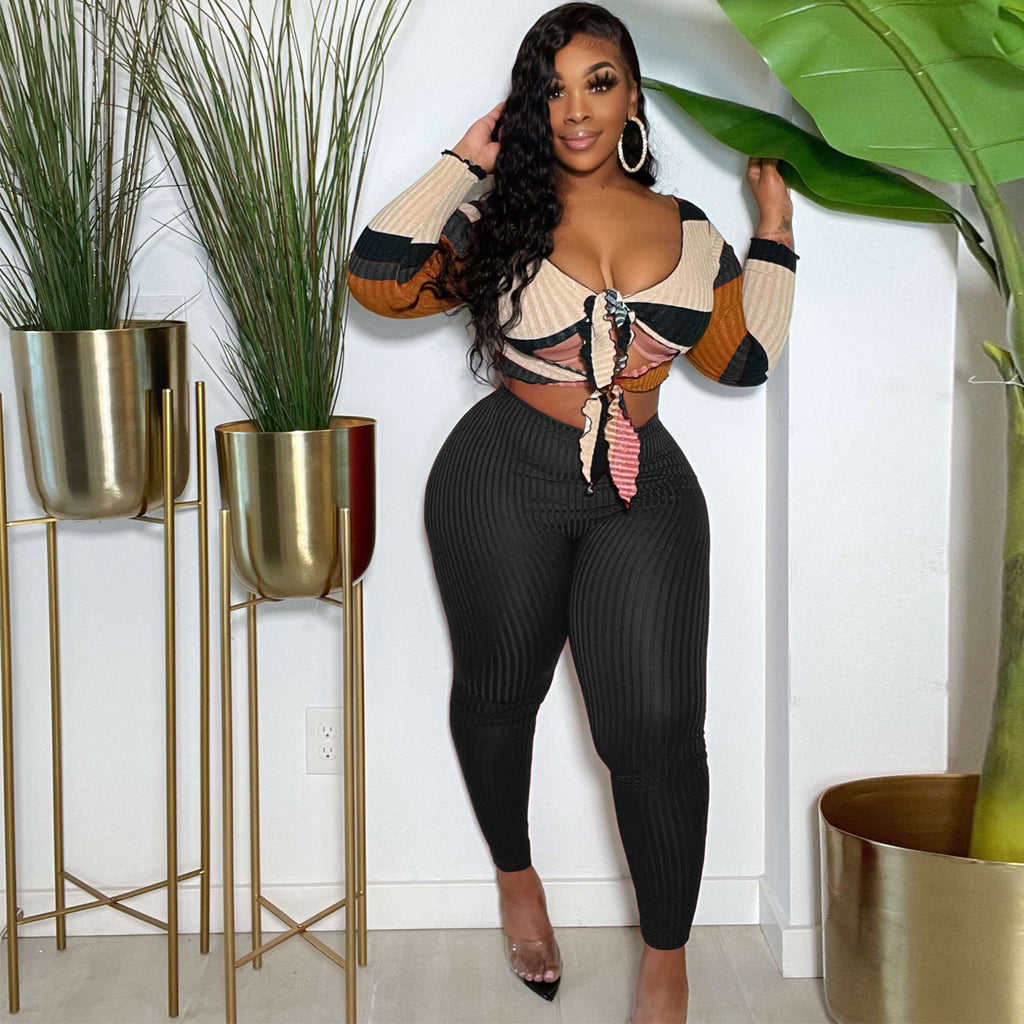 Sexy Sexy Print Tie Up Crop Tops And Pencil Pant 2 Piece Set
