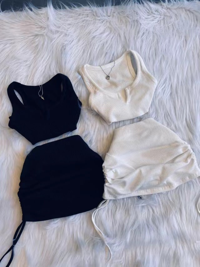 Sexy Solid Color Sleeveless Drawstring Skirt 2 Piece Set