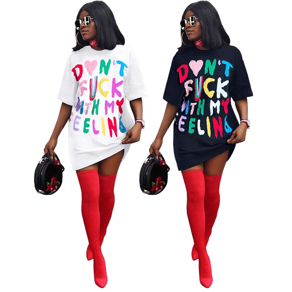 Sexy Letter Print O Neck Casual T-Shirt Dress