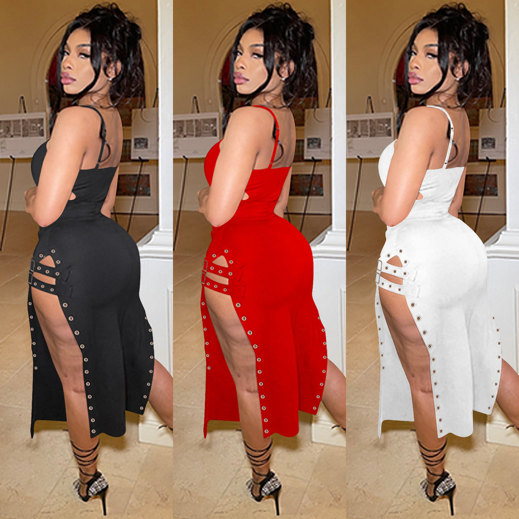 Sexy Fashion Solid Color Sexy Sling Slit Dress