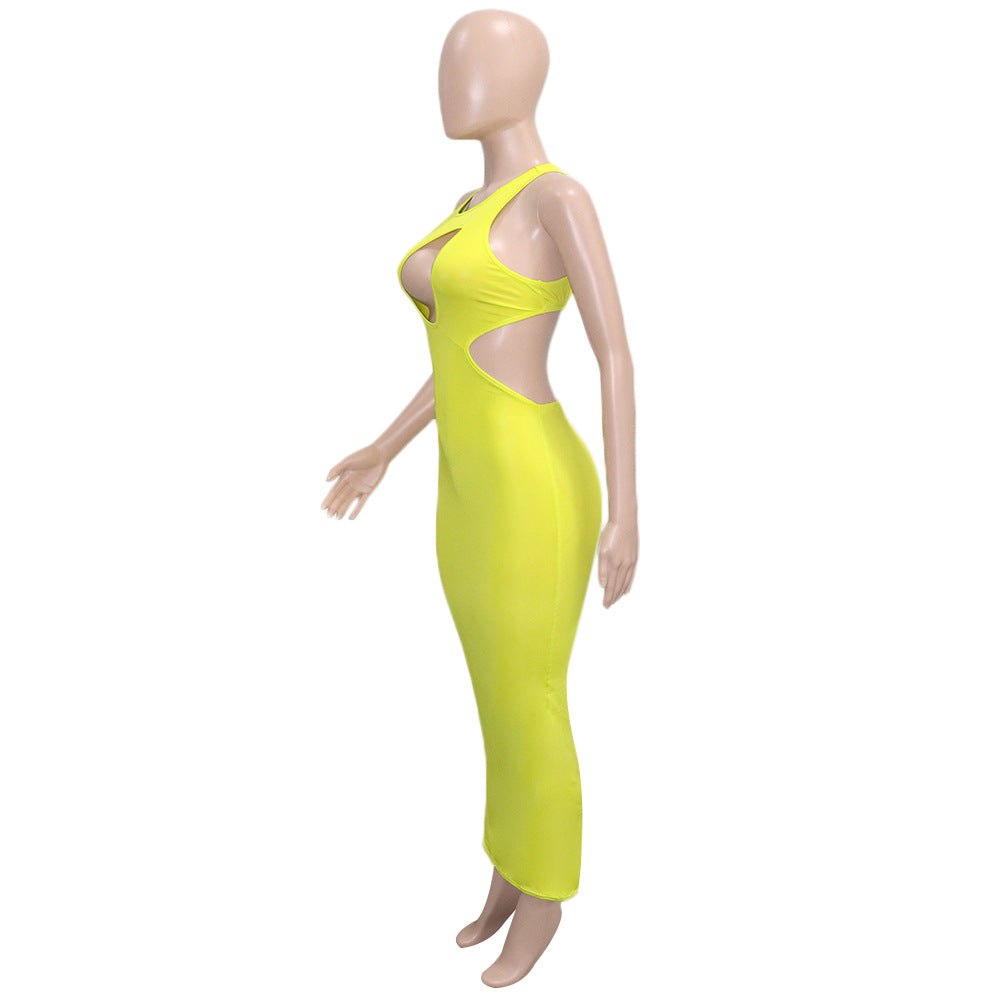 Sexy Solid Sleeveless Hollow Out Maxi Dress