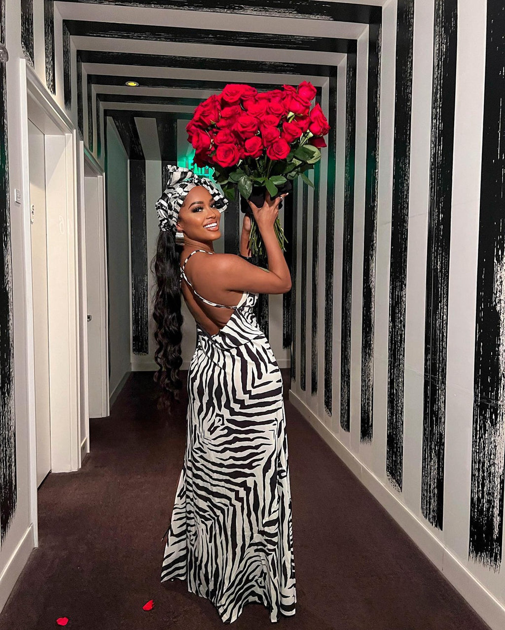Sexy Zebra Stripe Print Cross Strap High Split Maxi Dress