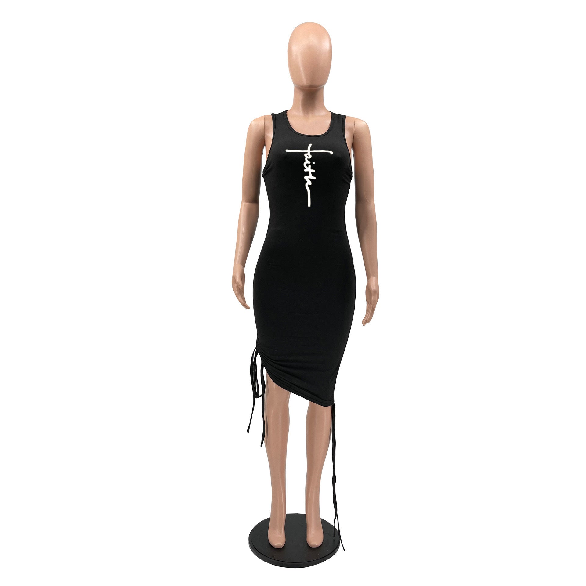 Sexy Letter Print Sleeveless Drawstring Bodycon Dress