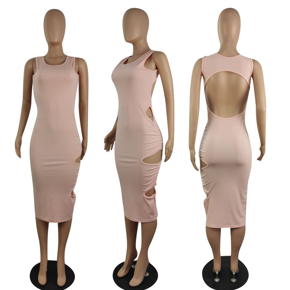 Sexy Solid Sleeveless Backless Hollow Out Midi Dress