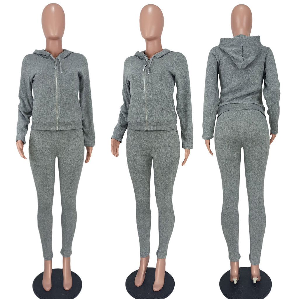 Sexy Solid Fleece Hooded Zipper Long Sleeve Two Piece Sets