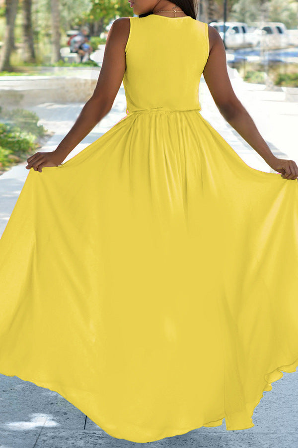 Sexy Yellow V Neck Sleeveless Sashes Maxi Dress