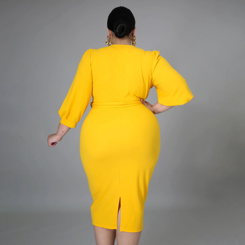 Sexy Plus Size Solid 3/4 Sleeve Sashes Midi Dress