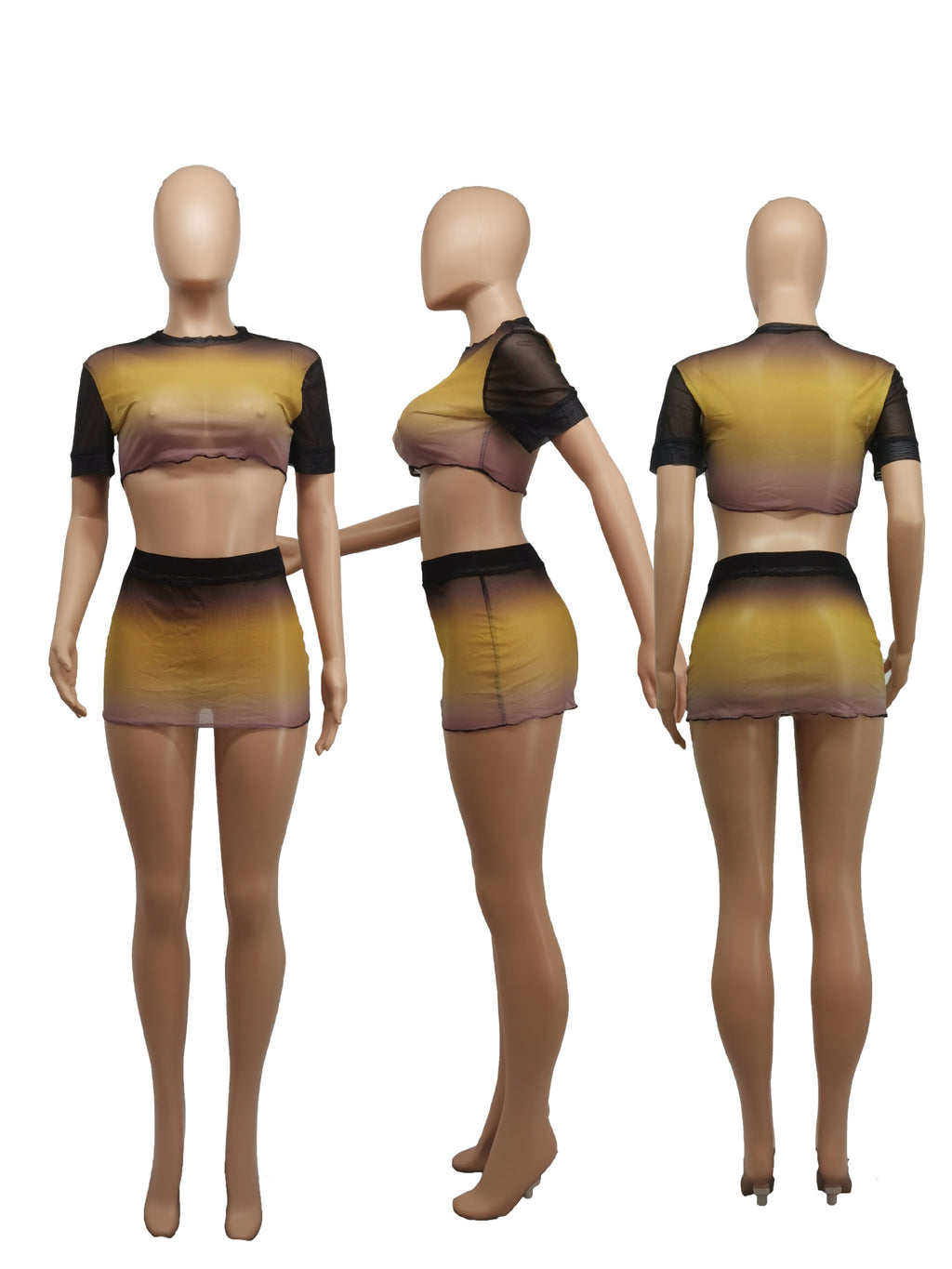 Sexy Sexy Gradient Mesh Crop Top Mini Skirt 2 Piece Sets