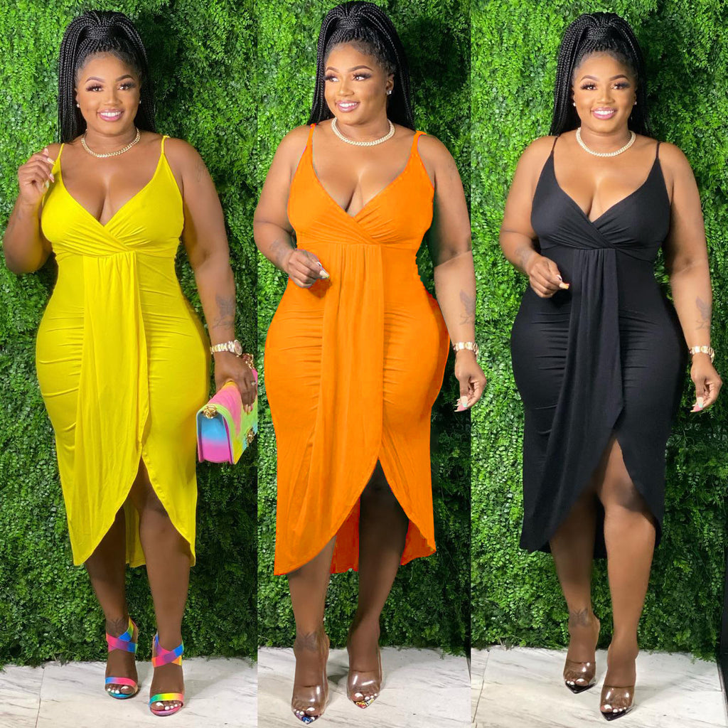 Sexy Plus Size Solid V Neck Spaghetti Strap Midi Dress