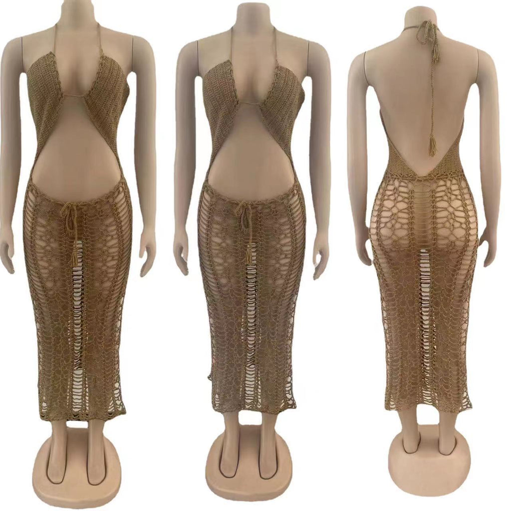 Sexy Solid Color Halter Side Slit Sling Beach Dress