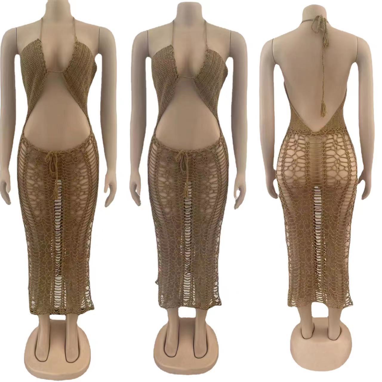 Sexy Solid Color Halter Side Slit Sling Beach Dress