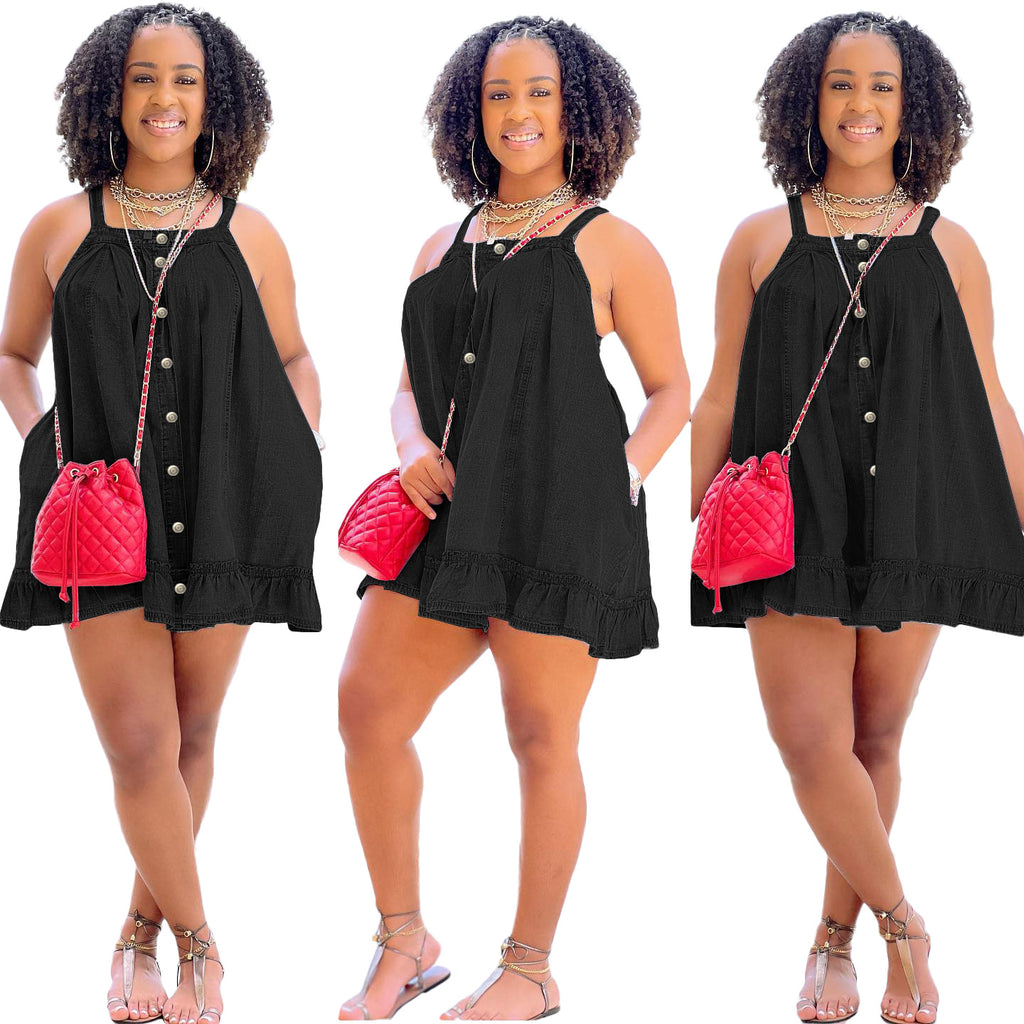 Sexy Casual Solid Color Sling Pocket Loose Denim Dress