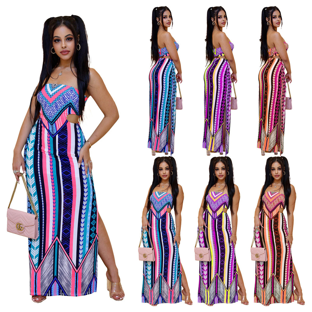 Sexy Sexy Printed Strapless Hollow Out Split Maxi Dress