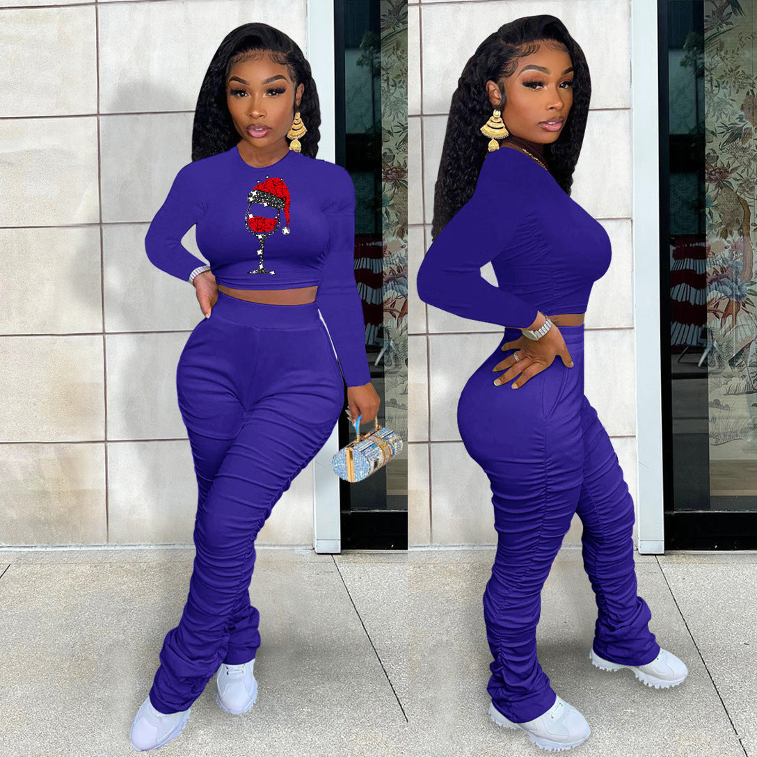Sexy Fashion Print Long Sleeve Ruched Pant Two Piece Set