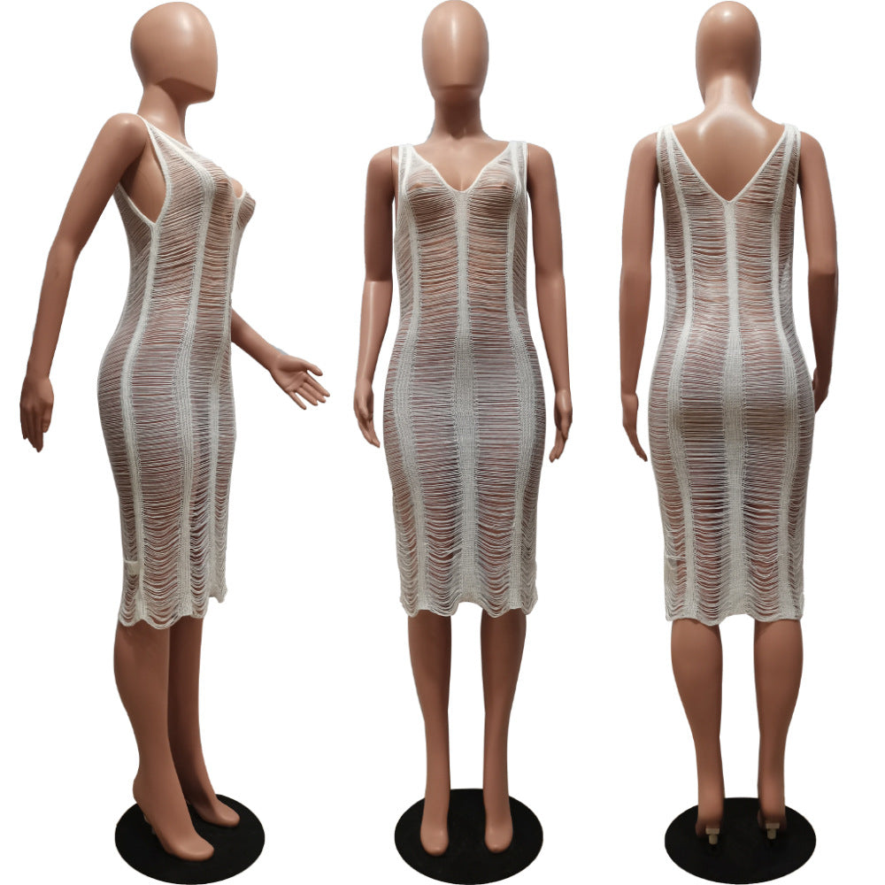 Sexy Solid Knit Sleeveless Hollow Out Midi Dress