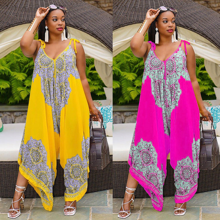 Sexy Plus Size Fashion Loose Sling Printed Jumpsuit