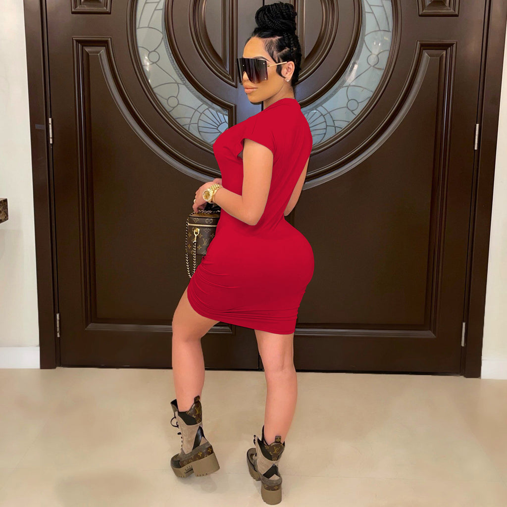 Sexy Fashion Sexy Nightclub Solid Color Deep V Dress