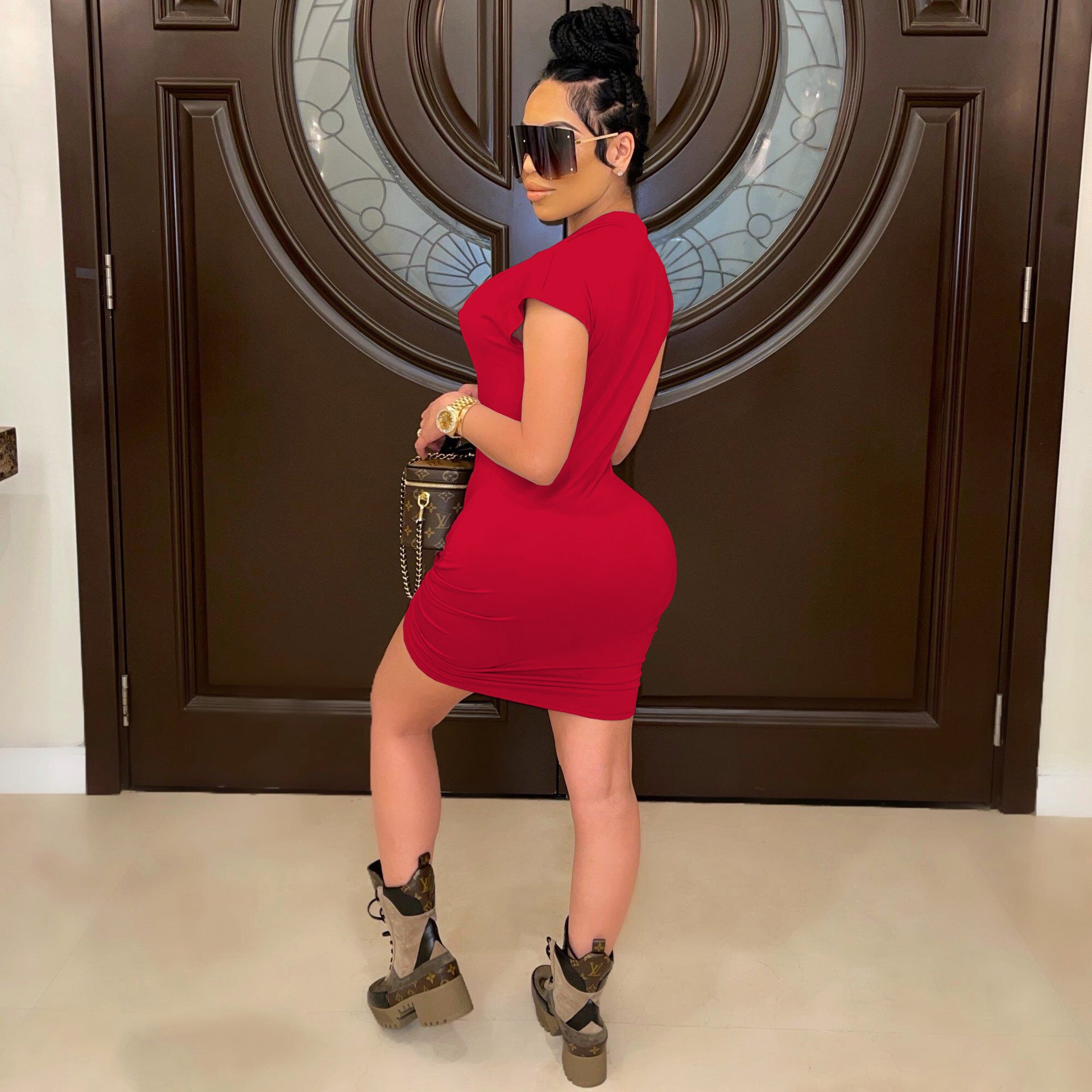 Sexy Fashion Sexy Nightclub Solid Color Deep V Dress