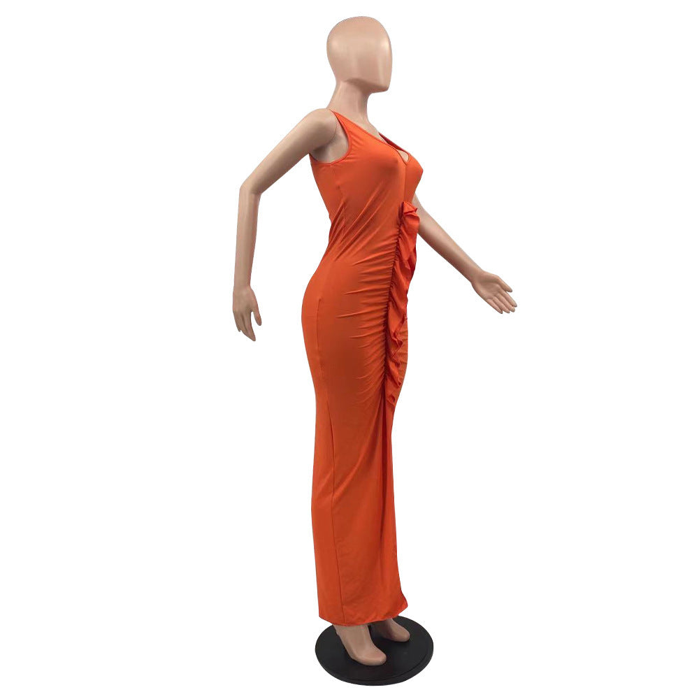 Sexy Solid Sleeveless V Neck Ruffled Split Maxi Dress