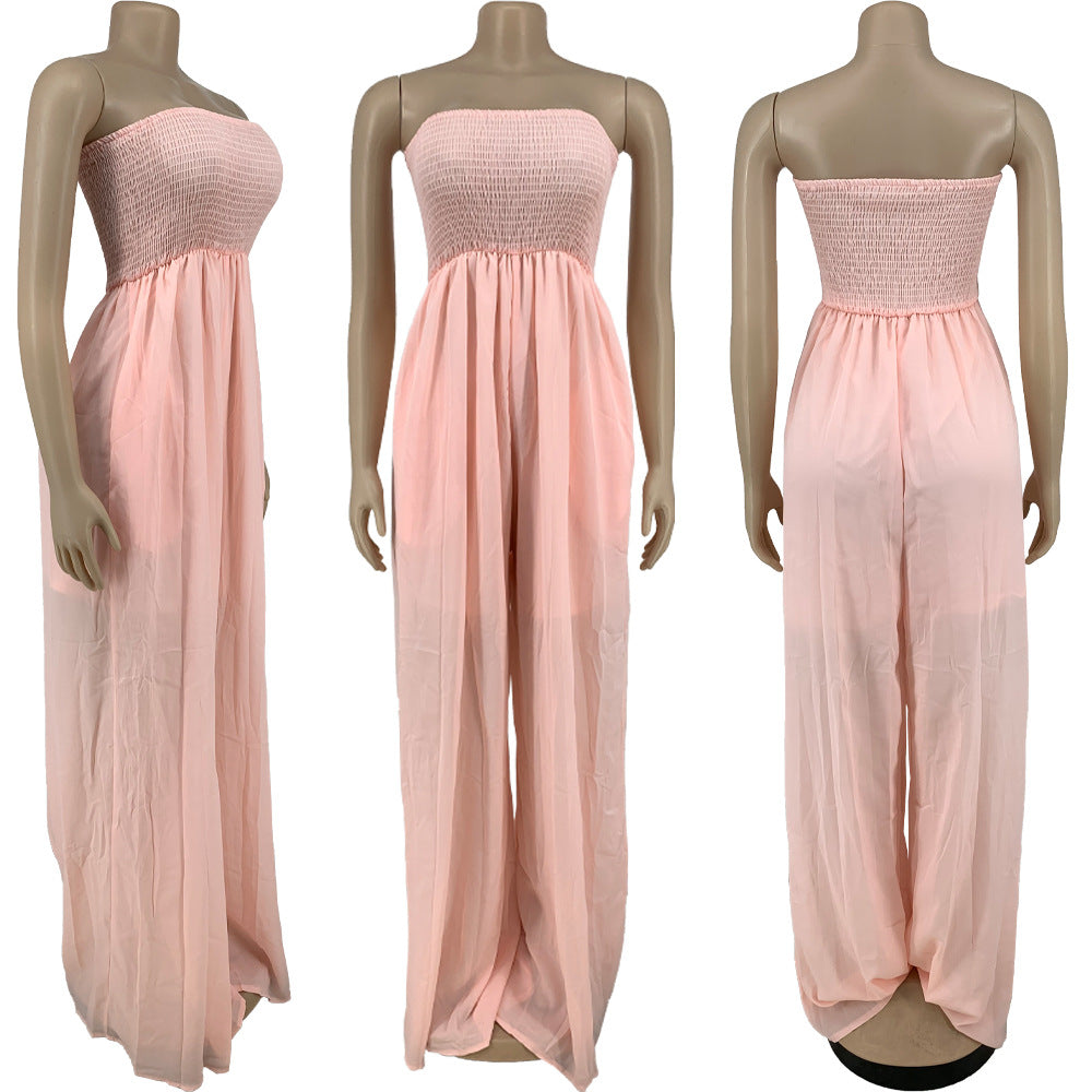 Sexy Plus Size Solid Off Shoulder Strapless Wide Leg Jumpsuit
