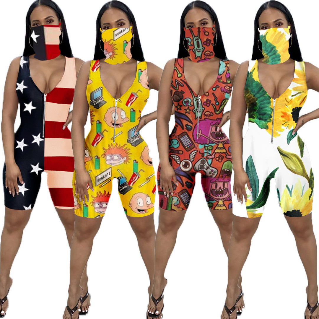 Sexy Casual Printed Sleeveless Romper With Mask