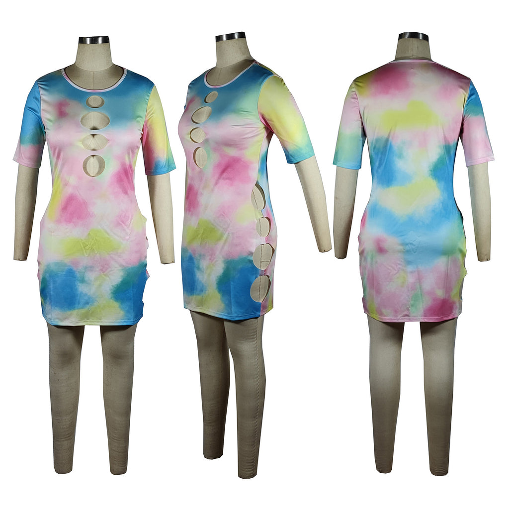 Sexy Tie-dye Hollow Half Sleeve Dress