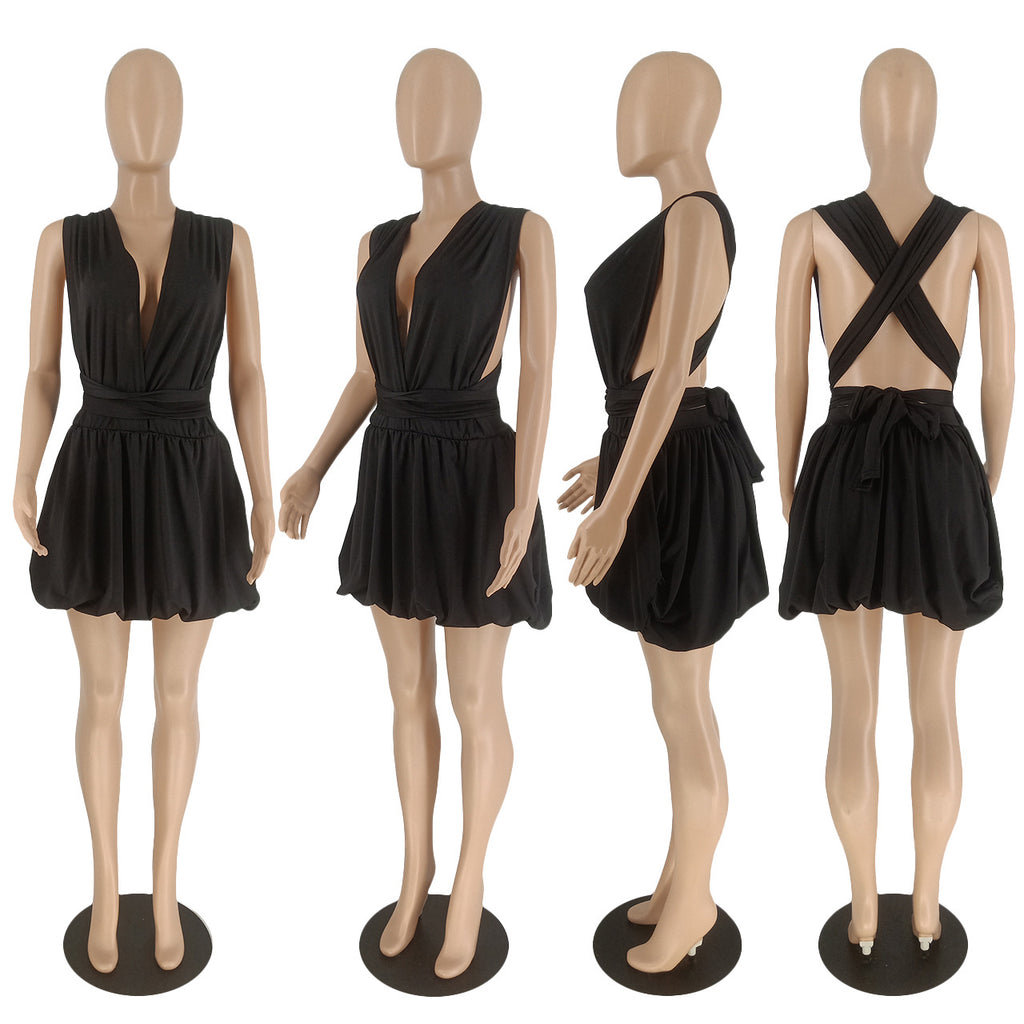 Sexy Solid V Neck Backless Mini Dress