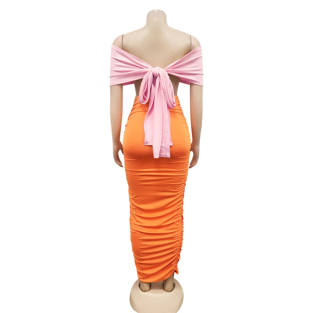 Sexy Contrast Color Off Shoulder Ruched Midi Dress