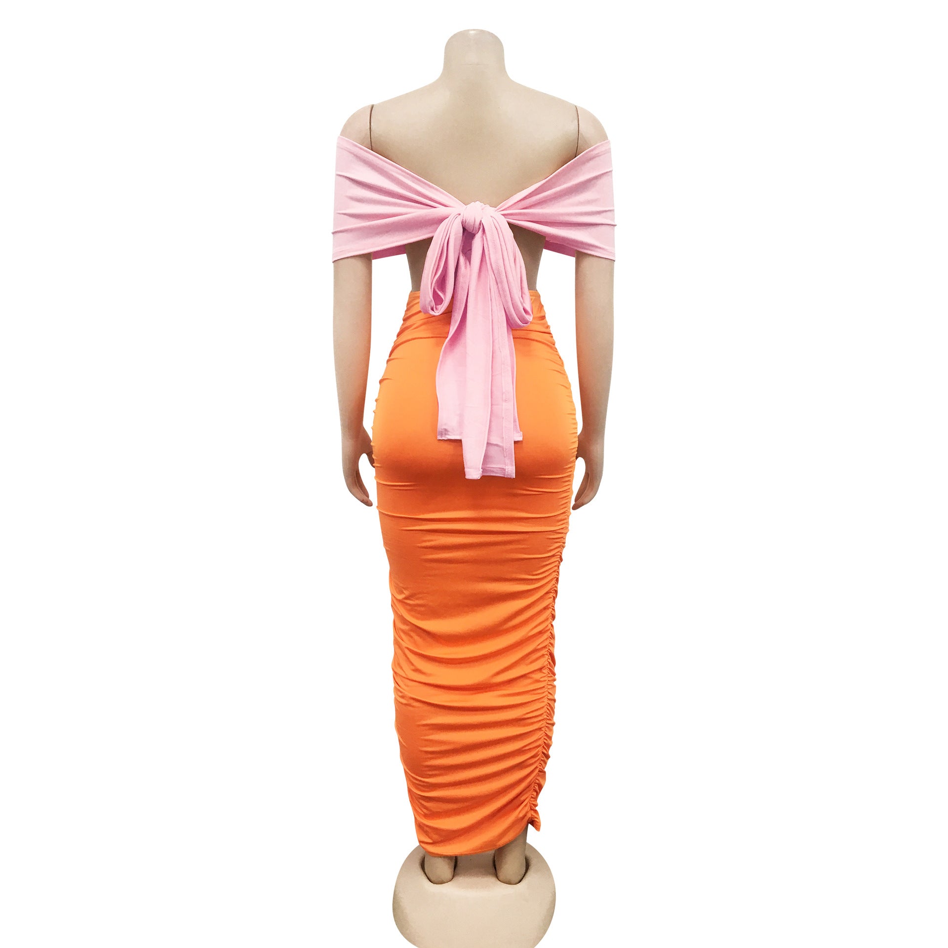 Sexy Contrast Color Off Shoulder Ruched Midi Dress