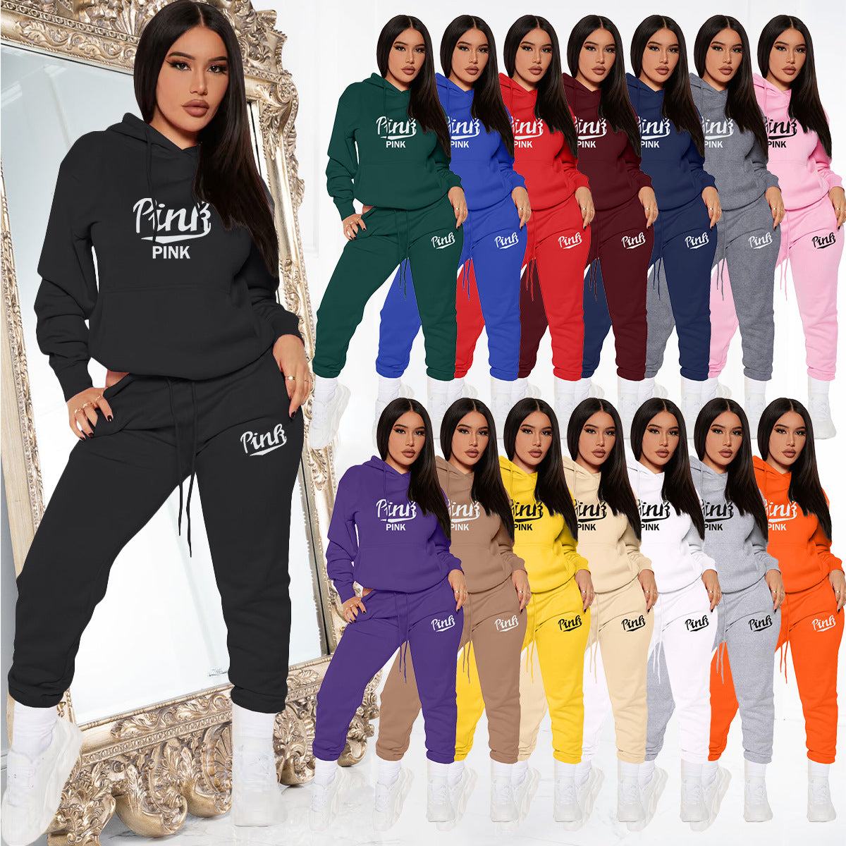 Sexy PINK Letter Print Plush Hooded Sweatshirt Two Piece Pant Set