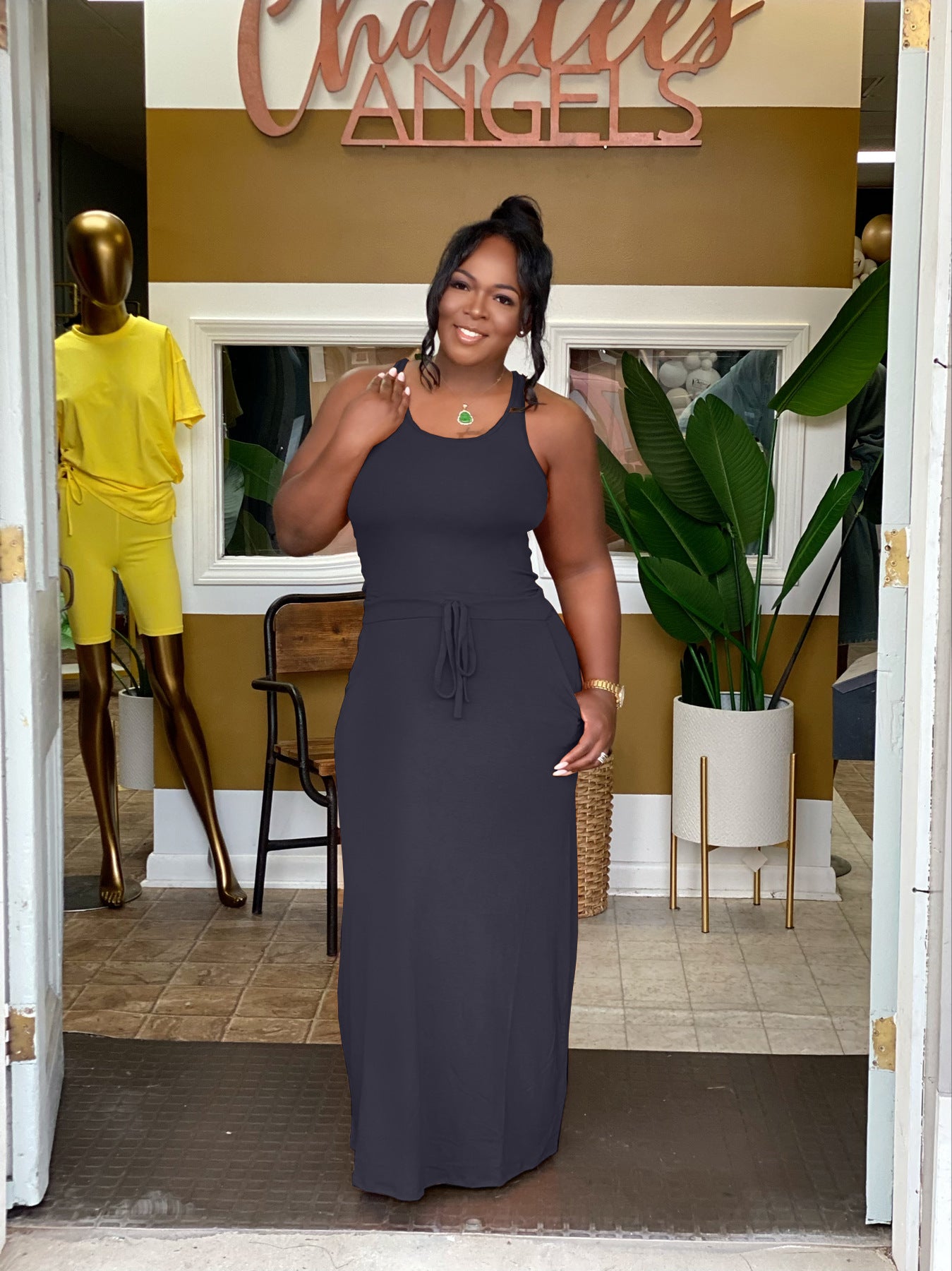 Sexy Solid U Collar Sleeveless Maxi Dress