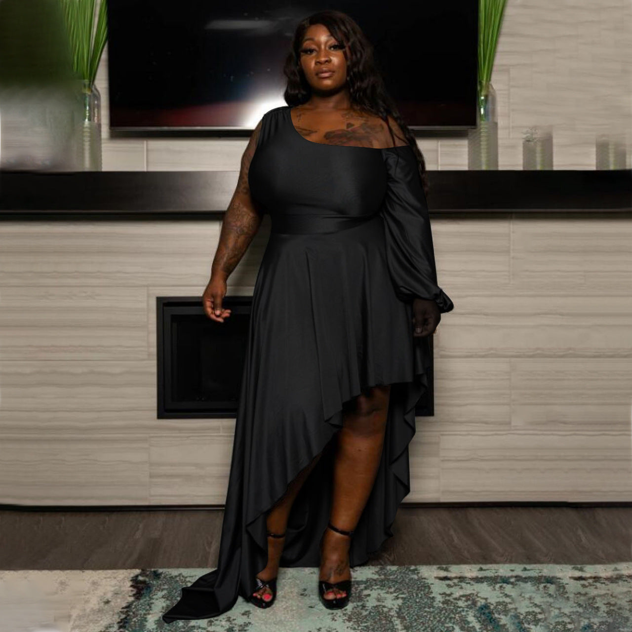 Sexy Plus Size Solid One Shoulder Irregular Maxi Dress