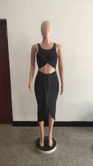 Sexy Solid Sleeveless Hollow Out Midi Dress